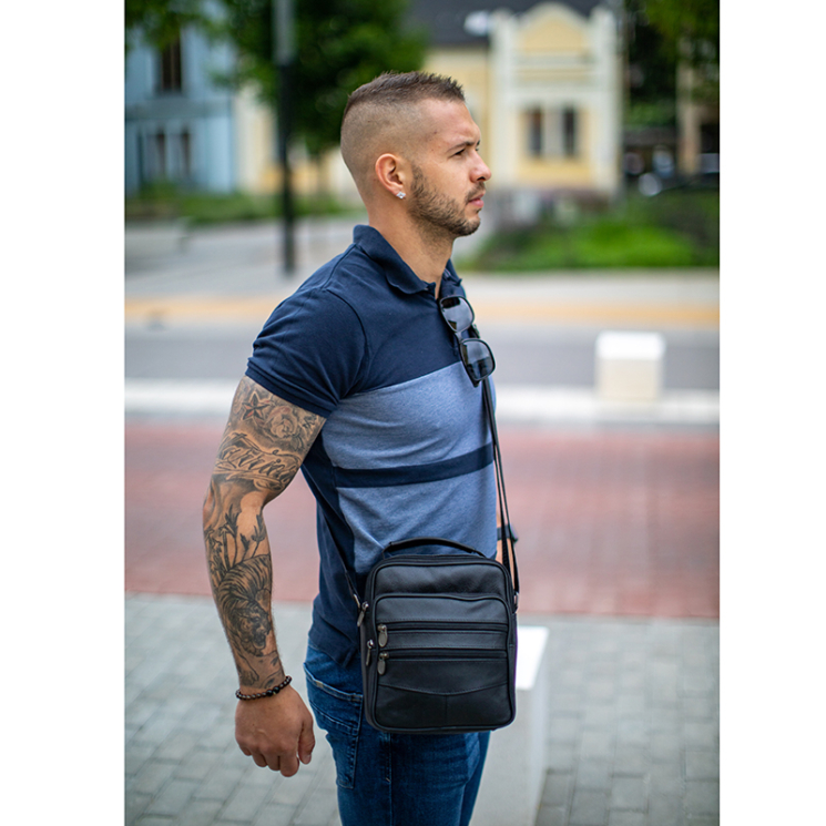  Valódi bőr férfi oldaltáska fekete színben 6612-black