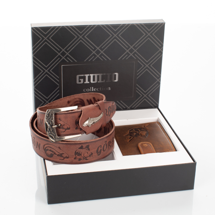 GIULIO Férfi Horgász Ajándékcsomag – Valódi Bőr Pénztárca & Öv Szett